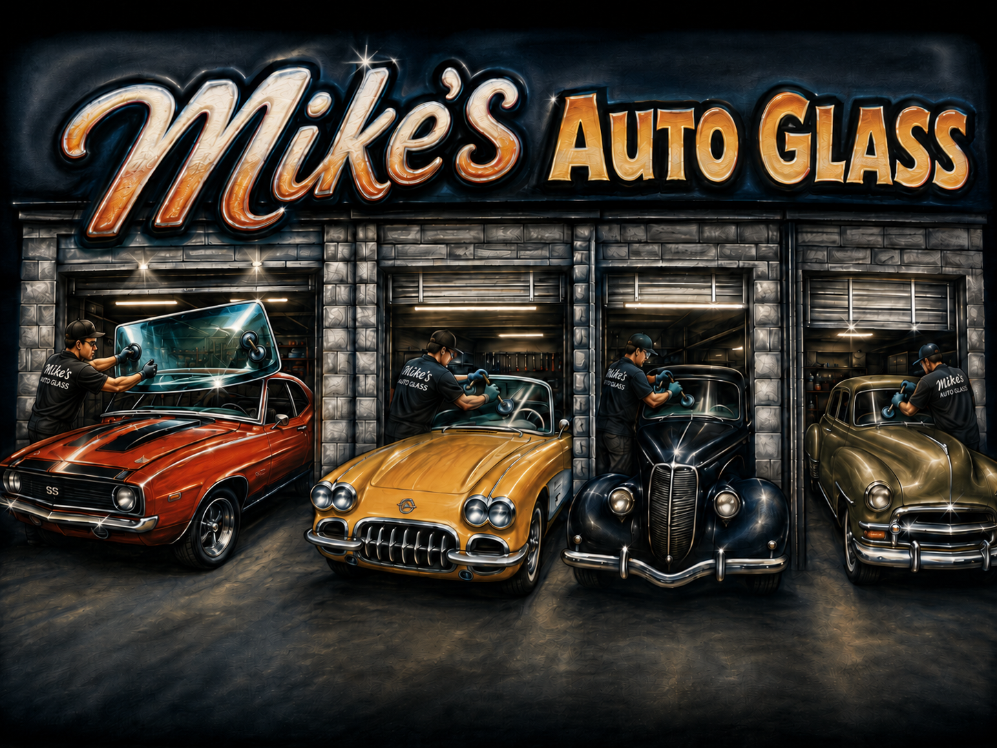 Mike's Auto Glass — hand-painted shop mural with classic cars and Mike's technicians at work